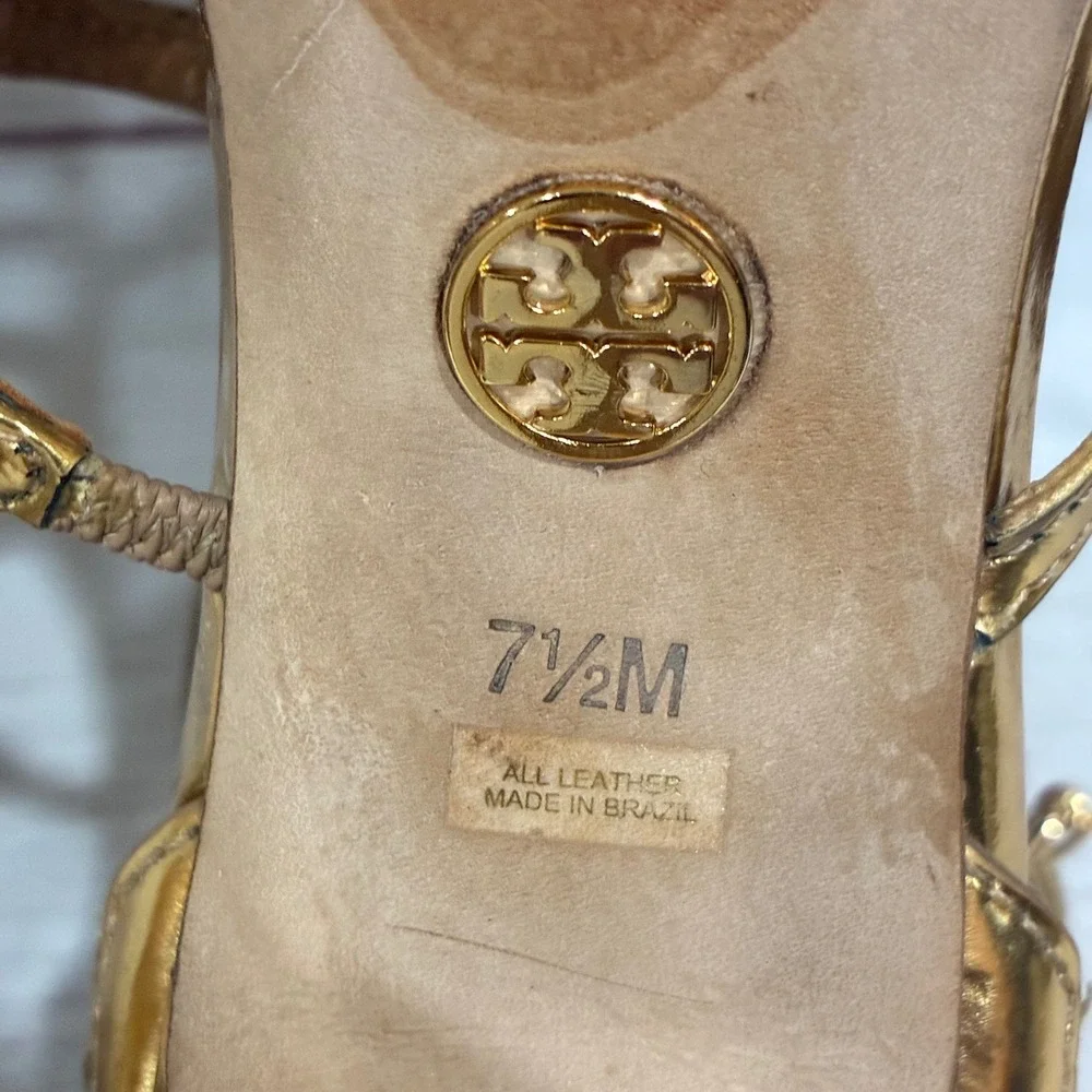 Tory Burch Amalie Strappy Cage Womens 7.5 Gold Metallic Stiletto Heels Buckle